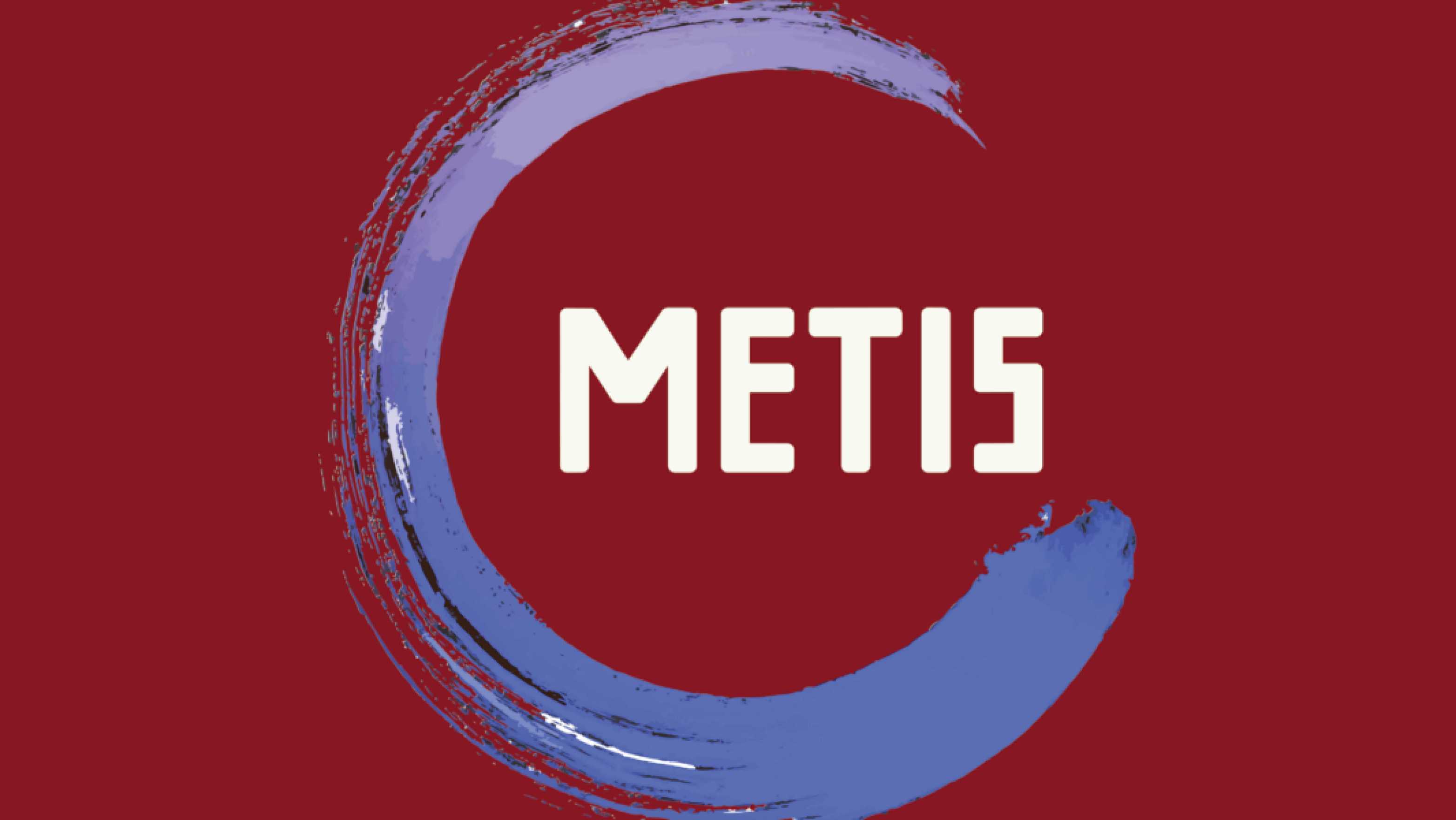 METIS mit blauem Pinselstrich umrundet auf bordaux Hintergrund